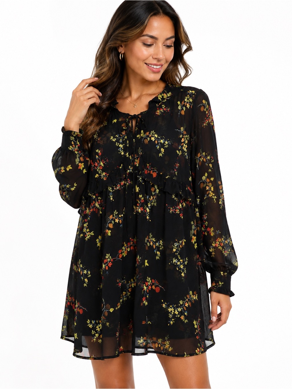 Anthropologie Black Floral Long Sleeve Ruffle Mini Dress Size M